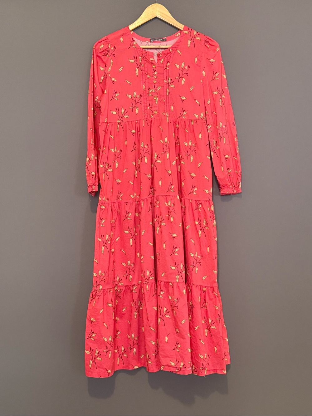 Zellbury Floral Tiered Maxi Dress Pink Long Sleeve Cotton Size M Boho Whimsy